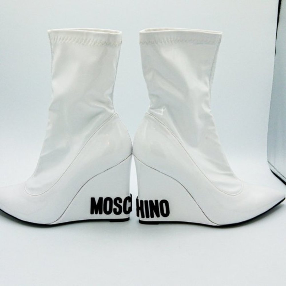 Moschino Women's Patent-Leather Pointed Toe Wedge Ankle Boots